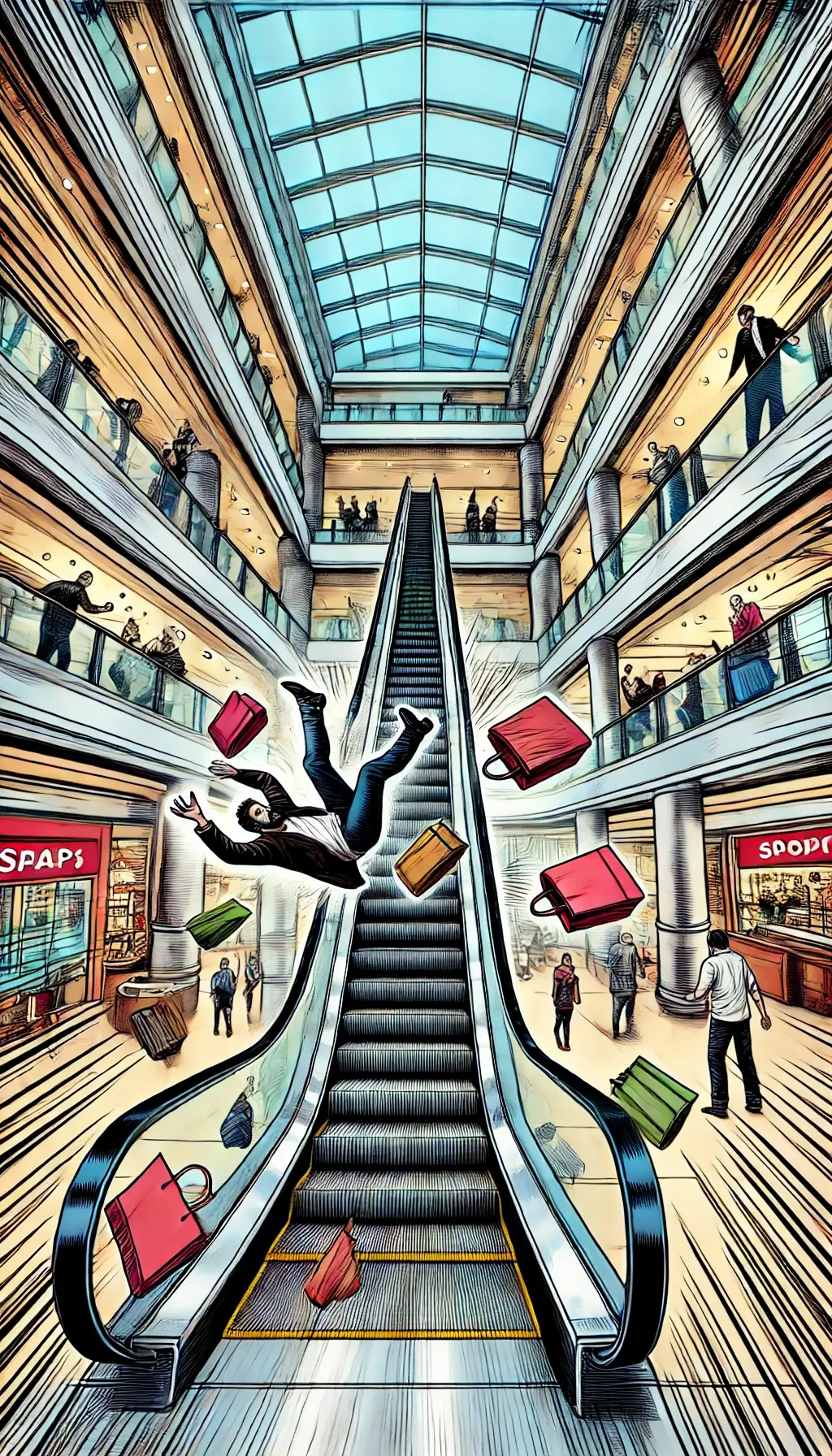 Comic Book Illustration Escalator Accident Dec 4 2024 Auto Accident Injury Lawyers in Los Angeles