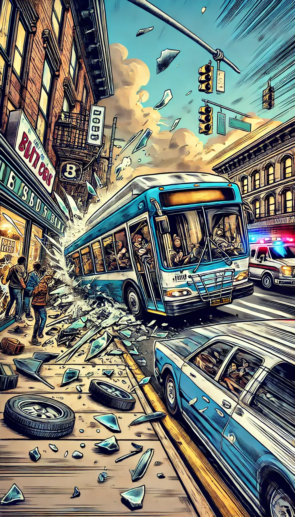 DALL·E 2024-12-07 22.10.29 - A comic book-style depiction of a bus accident. The scene captures a city bus crashing into a storefront, with debris flying and shattered glass in vi
